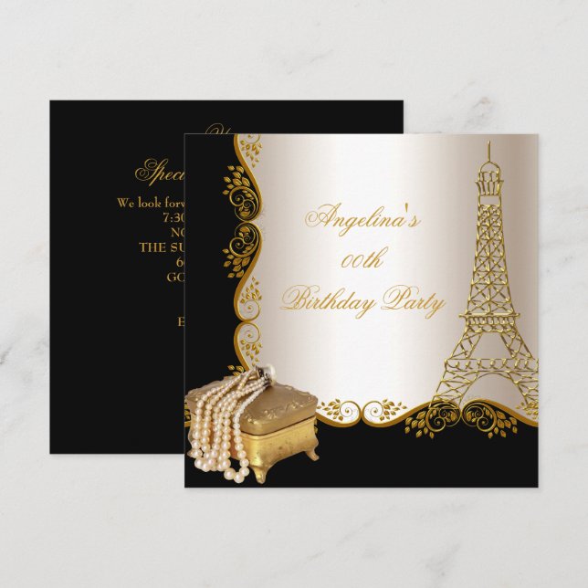 Elegante Eiffel Tower Gold Black Birthday Party Einladung (Vorne/Hinten)