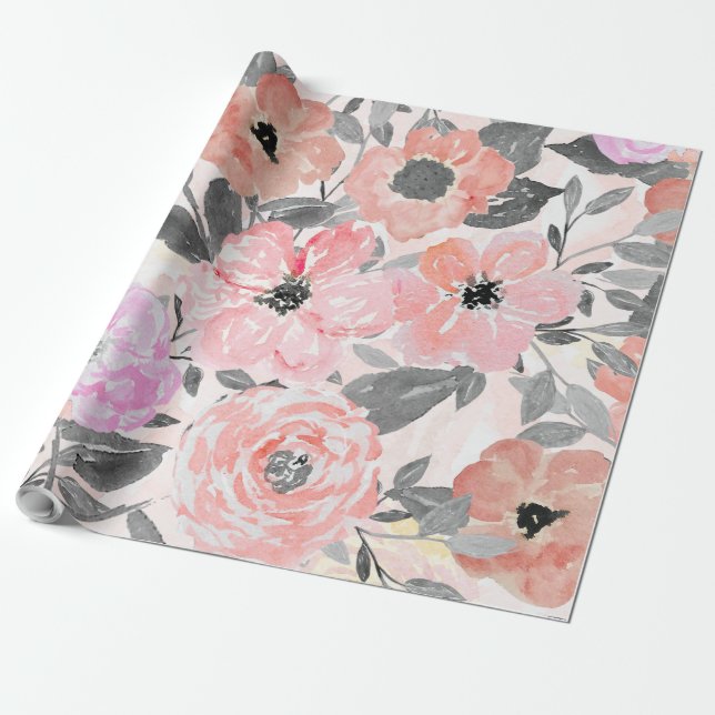 Elegante, einfache Aquarellblumen Geschenkpapier (Ungerollt)