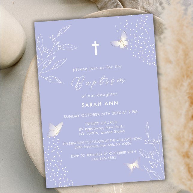 Elegante, einfache Blätter Butterfly Cross Taufe Einladung (Elegant Simple Leave Butterfly Cross Baptism Invitation)
