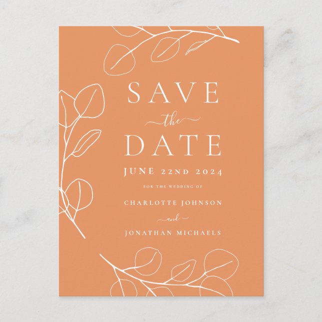 Elegante einfache Blätter Orange Wedding Ankündigungspostkarte (Vorderseite)