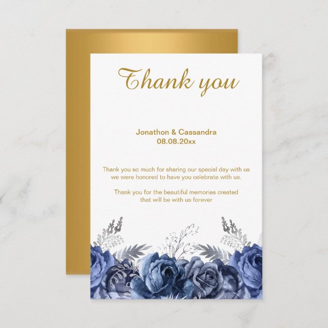 ELEGANTE EINFACHE BLUE FLORAL GOLD REVERSE DANKE EINLADUNG (Vorne/Hinten)