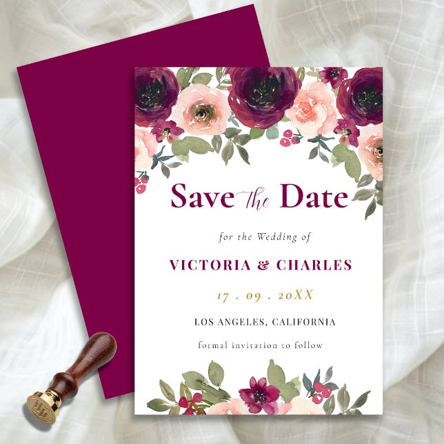 Elegante einfache Burgund Wasserfarbenflorale Hoch Save The Date (Von Creator hochgeladen)