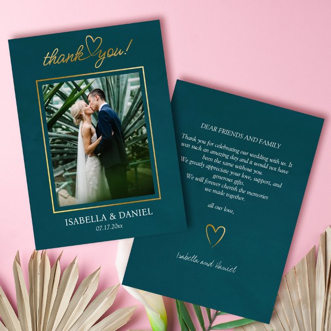 Elegante einfache Chic-Script-Liebe mit Heart Wedd Dankeskarte (Elegant Simple Chic Script Love with Heart Teal Wedding Thank You Card)