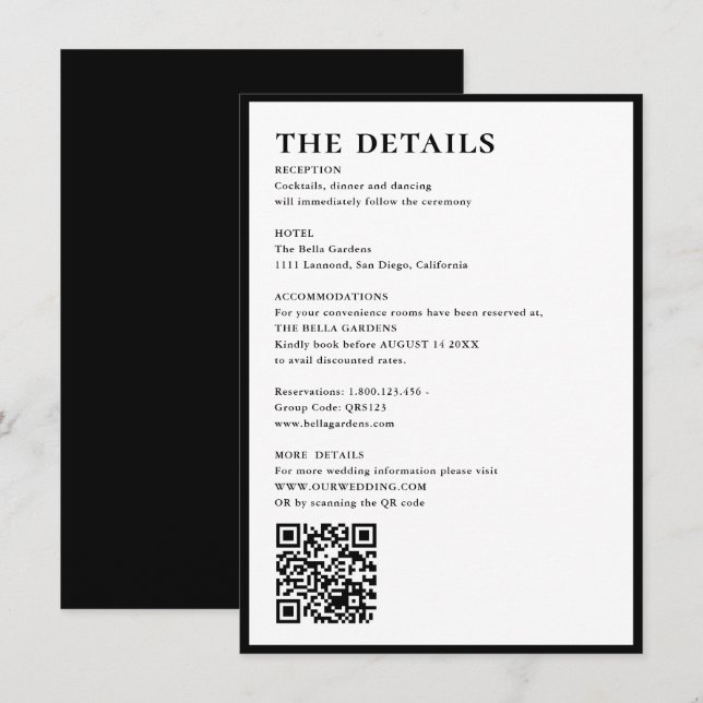 Elegante & einfache Details & QR Code Hochzeit Begleitkarte (Vorne/Hinten)