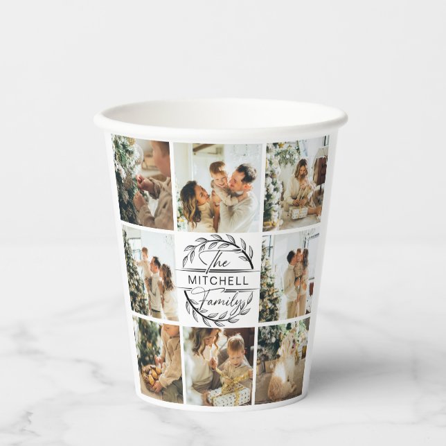 Elegante einfache Familienfoto Collage & Monogram Pappbecher (Vorderseite)