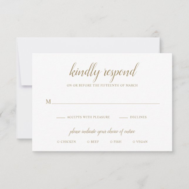 Elegante einfache formale Script-GoldWedding RSVP Karte (Vorderseite)