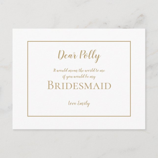 Elegante einfache Goldtypografie/Bridesmaid-Anfrag Postkarte (Vorderseite)