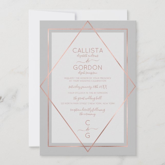Elegante Einfache graue Rose Gold Geo Border Weddi Einladung (Vorderseite)