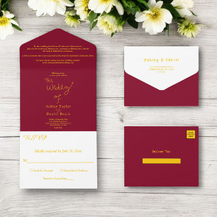 Elegante einfache Hochzeit in Burgund und Gold Mod All In One Einladung