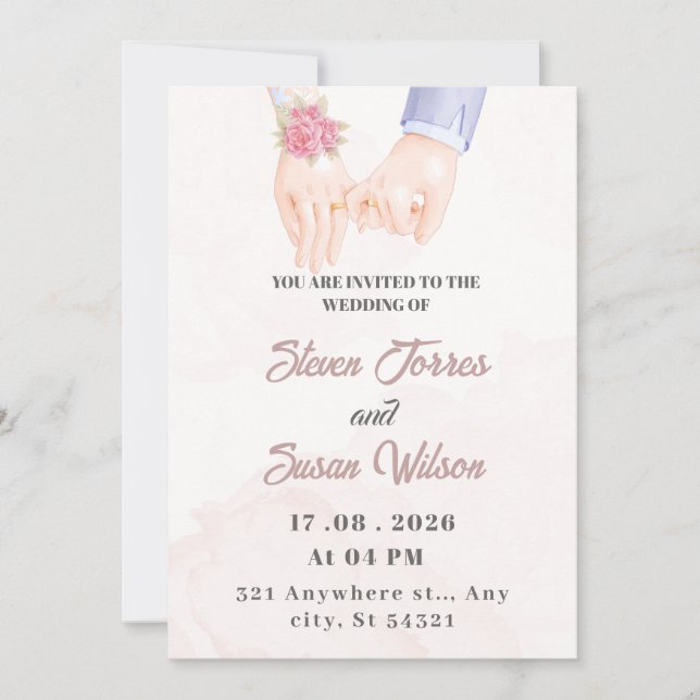 Elegante, einfache Hochzeitseinladung mit Aquarell Einladung (Vorderseite)