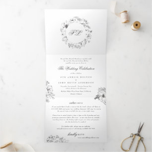 Elegante einfache Kalligraphie Monogram Floral Wed Dreifach Gefaltete Einladung