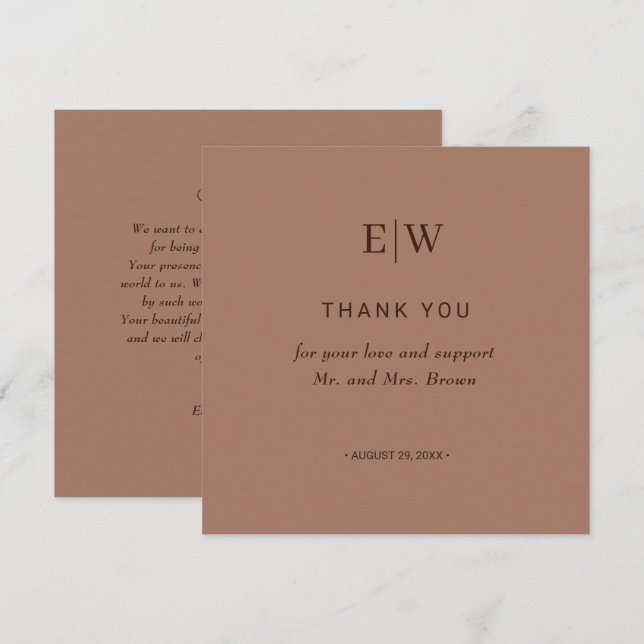 Elegante einfache Mocha-Mousse mit Monogram-Hochze Dankeskarte (Vorne/Hinten)