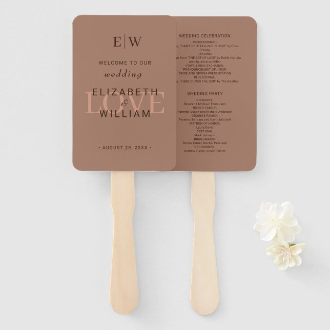 Elegante einfache Mocha-Mousse mit Monogram-Hochze Fächer (Vorne und Hinten)