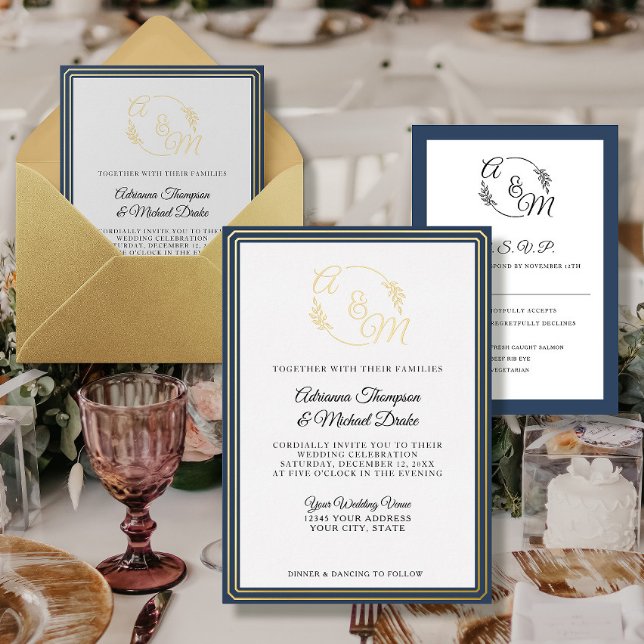 Elegante einfache moderne Goldfoil Navy Blue Weddi Folieneinladung (Von Creator hochgeladen)