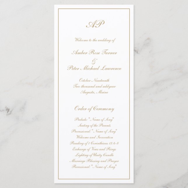 Elegante einfache Monogram Formal Gold Hochzeit Programm (Vorderseite)