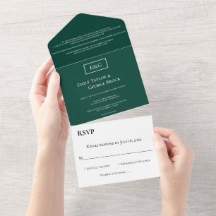 Elegante einfache Monogram Green Modern Wedding All In One Einladung