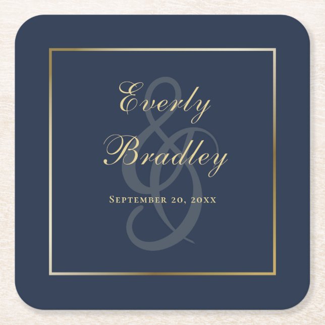 Elegante einfache Navy-Blau-Gold-Rand-Script-Schri Rechteckiger Pappuntersetzer (Vorderseite)