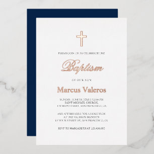 Elegante einfache Navy-Blau ROSE GOLD Kreuz-Taufe Folieneinladung