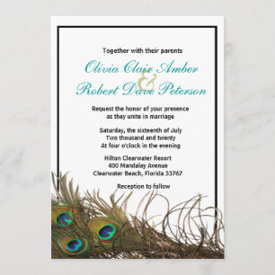 Elegante, einfache Pfauenfedern Hochzeitsfeiern Einladung