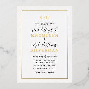 Elegante einfache Real Gold Border White Wedding Folieneinladung