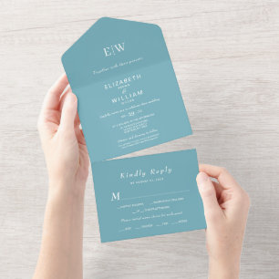 Elegante einfache Retro-Blau-Hochzeit mit Monogram All In One Einladung