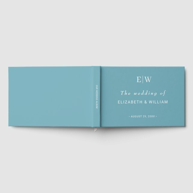 Elegante einfache Retro-Blau-Hochzeit mit Monogram Gästebuch (Voll)