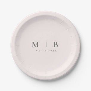 Elegante einfache rosafarbene Monogramm-Hochzeitsp Pappteller