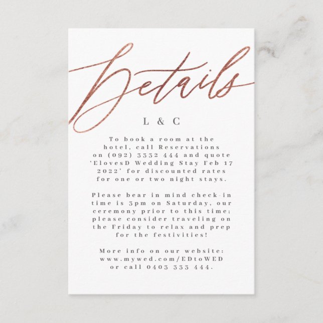 Elegante Einfache Rose Gold Wedding Details Card RSVP Karte (Vorderseite)