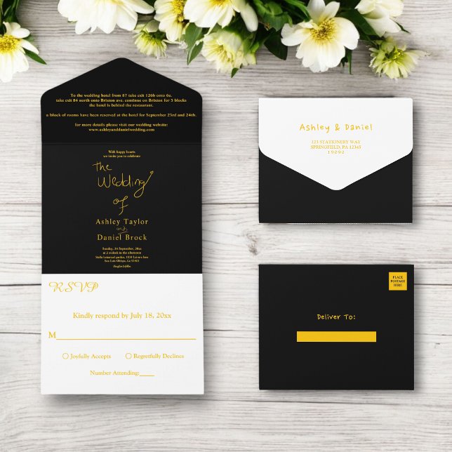 Elegante, einfache Schwarz-Gold-Hochzeit All In One Einladung (Von Creator hochgeladen)