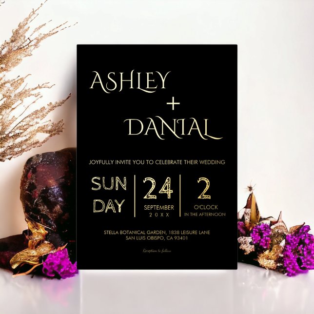 Elegante einfache Schwarz-Gold-Hochzeit Folieneinladung (Von Creator hochgeladen)