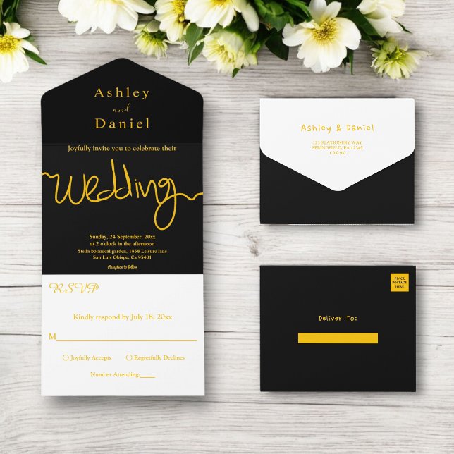 Elegante einfache Schwarz-Gold-Kalligrafie-Hochzei All In One Einladung (Von Creator hochgeladen)