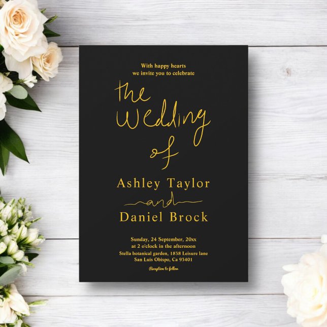 Elegante einfache Schwarz-Gold-Kalligrafie-Hochzei Einladung (Von Creator hochgeladen)