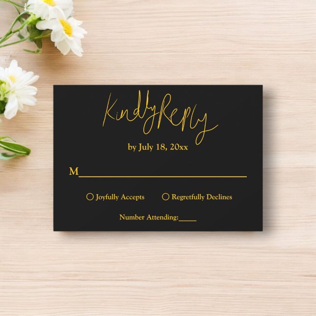 Elegante einfache Schwarz-Gold-Kalligrafie-Hochzei RSVP Karte (Von Creator hochgeladen)