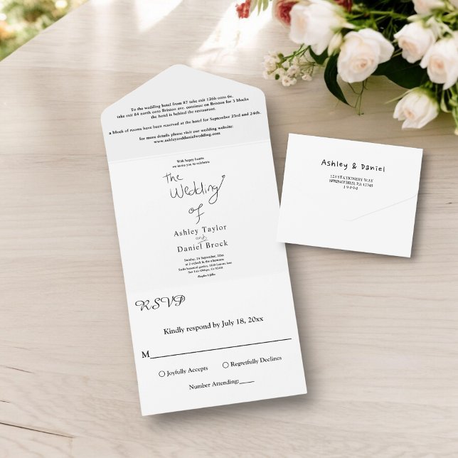 Elegante, einfache Schwarz-Weiß-Chic Moderne Hochz All In One Einladung (Von Creator hochgeladen)