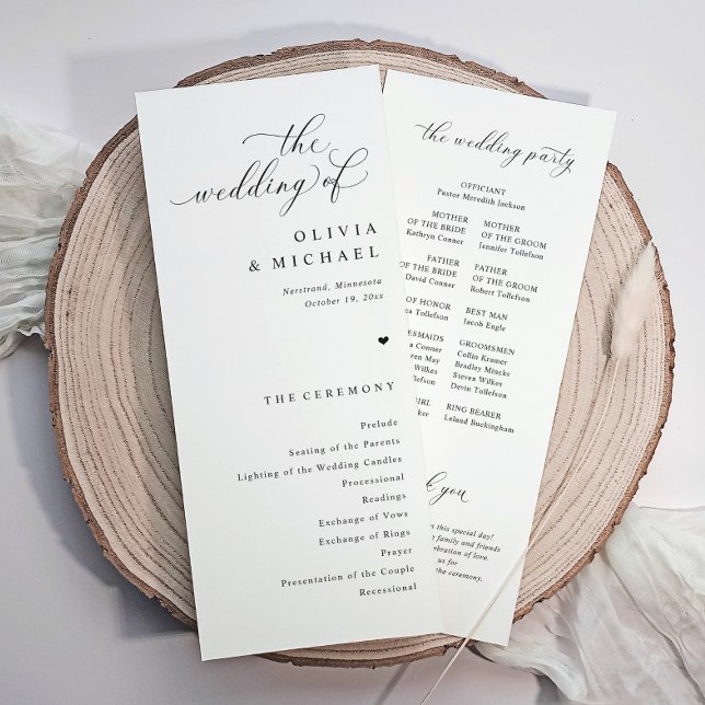 Elegante einfache Schwarz-Weiß-Hochzeit Programm (Simple elegant wedding programs with heart and calligraphy. Classic black and white)