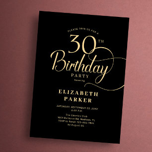 Elegante einfache schwarze Gold-Schrift 30. Geburt Einladung