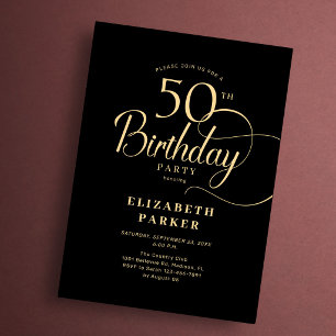 Elegante einfache schwarze Goldschrift zum 50. Geb Einladung