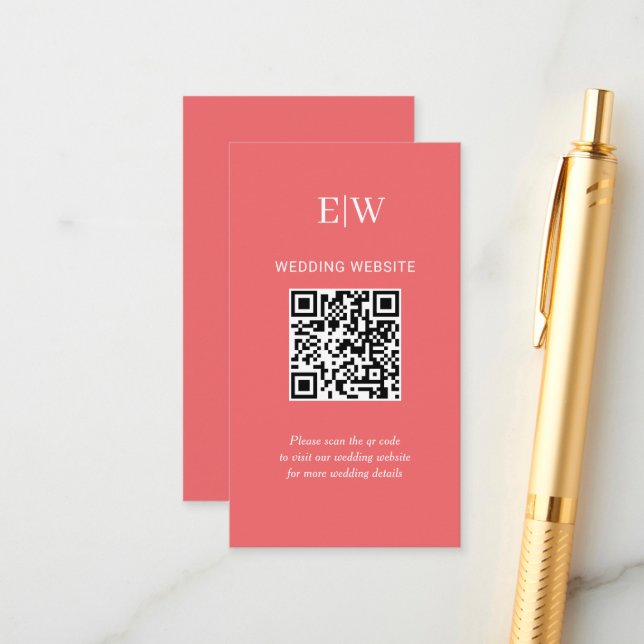 Elegante einfache Sunset Coral mit Monogram Weddin Begleitkarte (Vorderseite/Rückseite Beispiel)