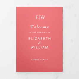 Elegante einfache Sunset Coral mit Monogram Weddin Dreifach-gefaltete Programmkarte