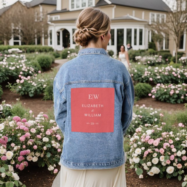 Elegante einfache Sunset Coral mit Monogram Weddin Jeansjacke (Hochzeit Rückseite)
