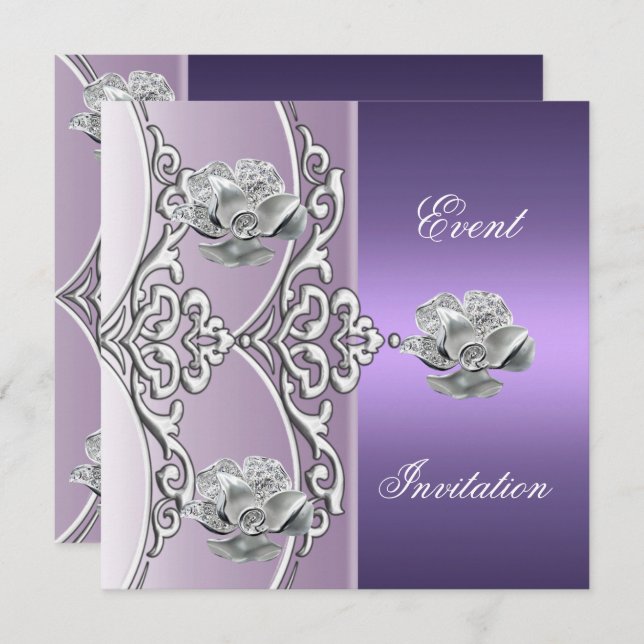 Elegante Einladung Lila Mauve Silver Blues (Vorne/Hinten)