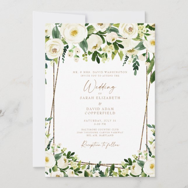 Elegante Einladung von White Floral & Gold Hochzei (Vorderseite)
