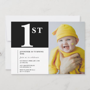 Elegante Einladung zum 1. Geburtstag Schwarz-Weiß-