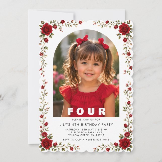 Elegante Einladung zum 4. Geburtstag Mädchen mit F (Vorderseite)
