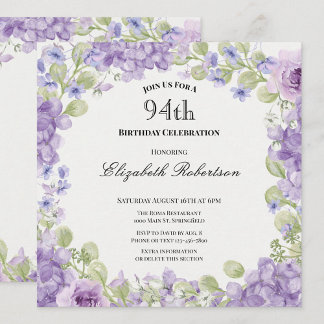 Elegante Einladung zum 94. Geburtstag mit lila Blu