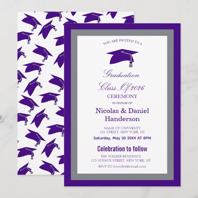 Elegante Einladung zur Abschlussfeier mit violette (Vorne/Hinten)