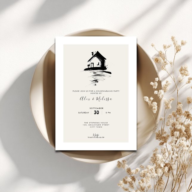 Elegante Einladung zur Einweihung - handgezeichnet (Minimal housewarming invitation with a hand drawn house.)
