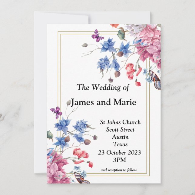 Elegante Einladung zur Hochzeit, rosa, blaue Blume (Vorderseite)