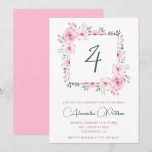 Elegante Einladungen zum 4. Geburtstag Floral Rosa