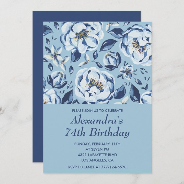 Elegante Einladungen zum 74. Geburtstag Floral Blu (Vorne/Hinten)